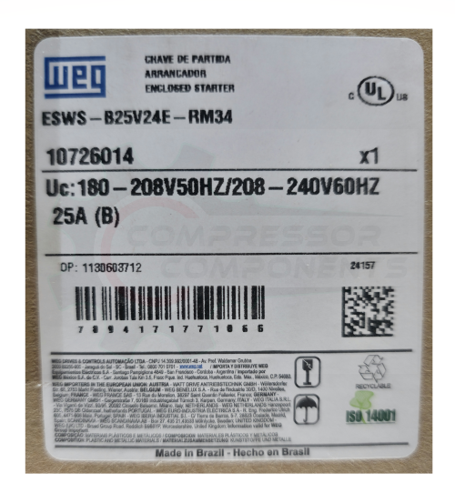 WEG 5 HP SINGLE PHASE 208-240 VOLT 25 AMP Magnetic Motor Starter / ESWS-B25V24E-RM34