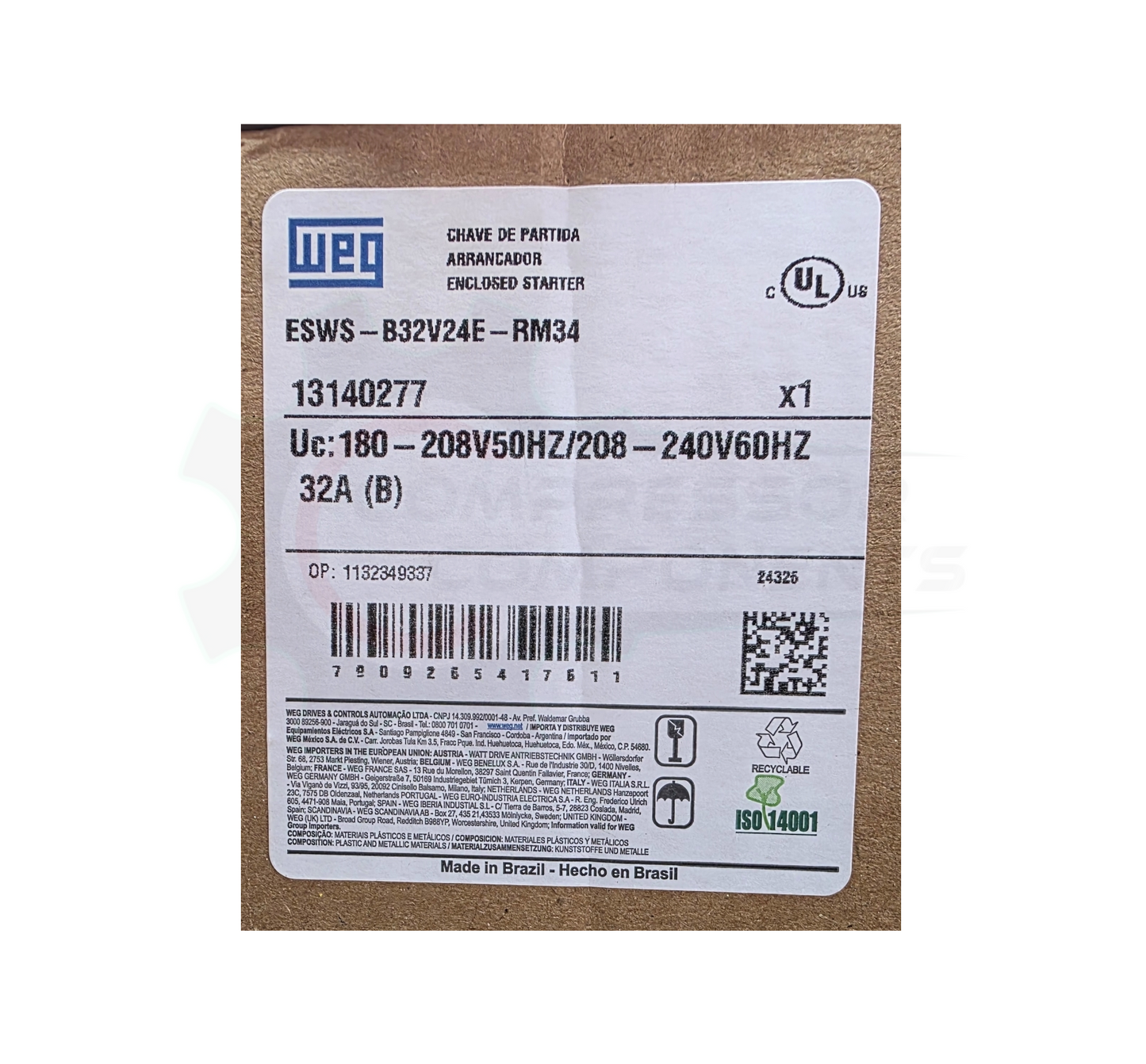 WEG 5 HP SINGLE PHASE 208-240 VOLT 32 AMP Magnetic Motor Starter / ESWS-B32V24E-RM34
