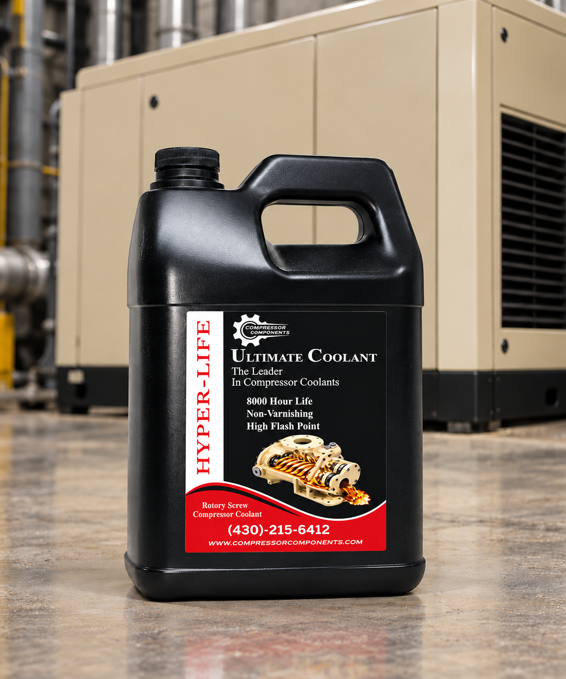 Compressor Components Ultimate Coolant ISO VG 46 True PAG Rotary Screw Compressor Coolant 1 Gallon compatible alternative to Ingersoll Rand Ultra Coolant 92692284 beside an unbranded rotary screw compressor