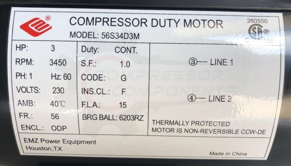 EMZ EM3-56 / 3 HP 56 FRAME 230 VOLT NON REVERSIBLE CCW