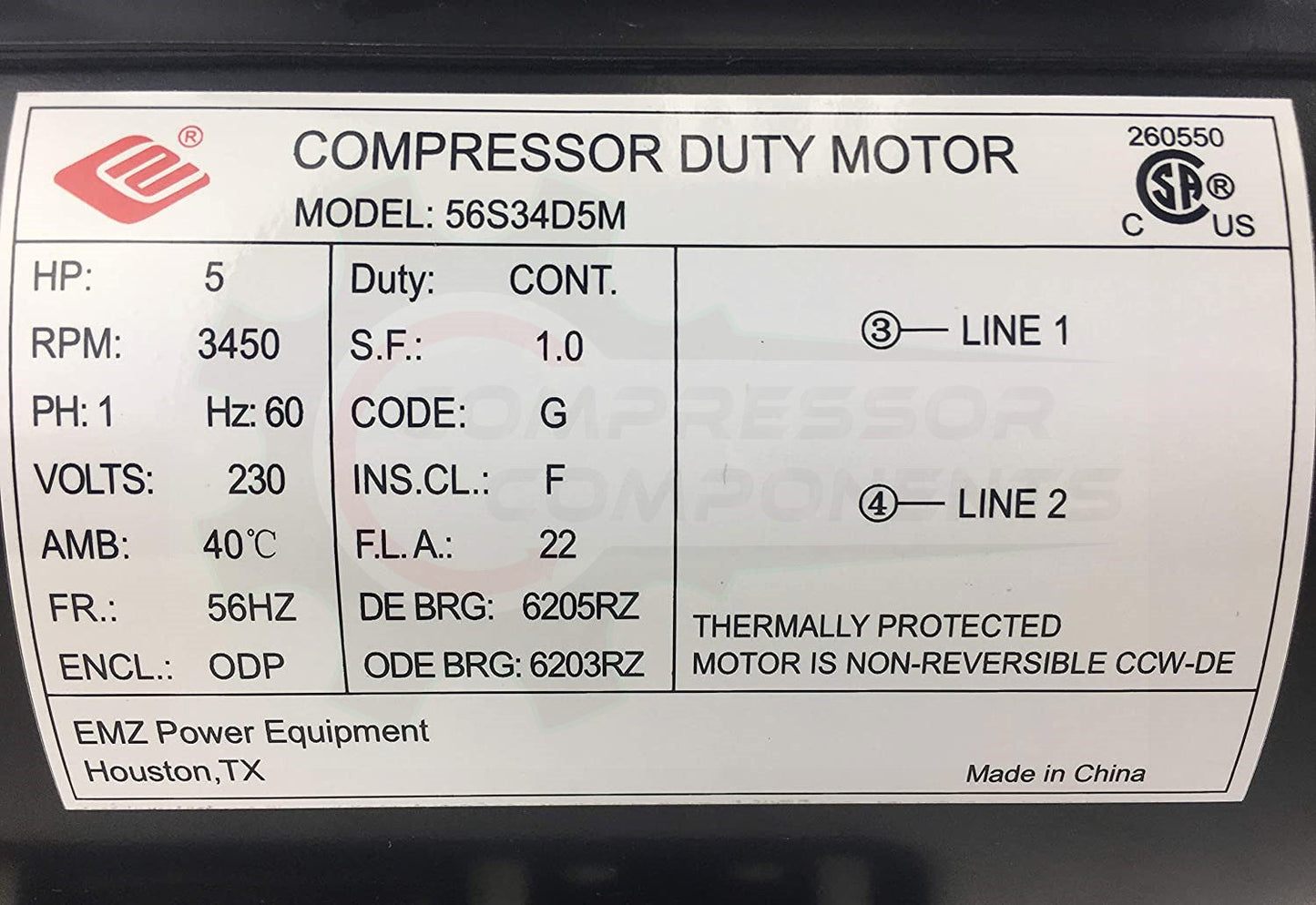 EMZ EM5-56HZ / 5 HP 56HZ FRAME 230 VOLT NON REVERSIBLE CCW