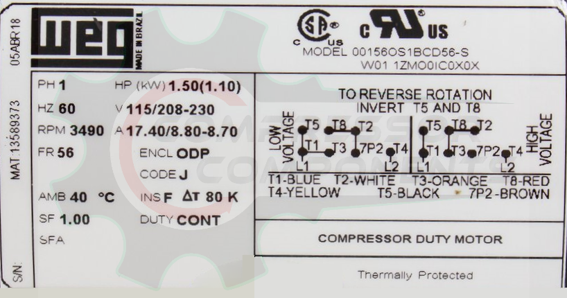 WEG 00156OS1BCD56-S / 1.5 HP 56 FRAME 115-230 VOLT REVERSIBLE