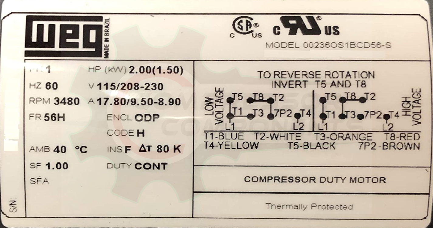 WEG 00236OS1BCD56-S / 2 HP 56H FRAME 115/208-230 VOLT REVERSIBLE