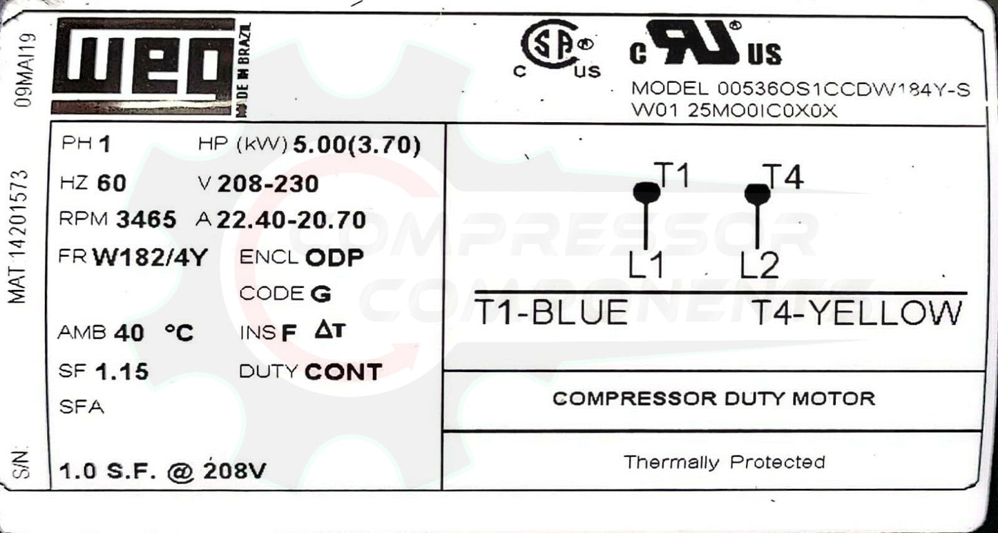 WEG 00536OS1CCDW184Y-S / 5 HP 182/4Y FRAME 208-230 VOLT NON REVERSIBLE CCW