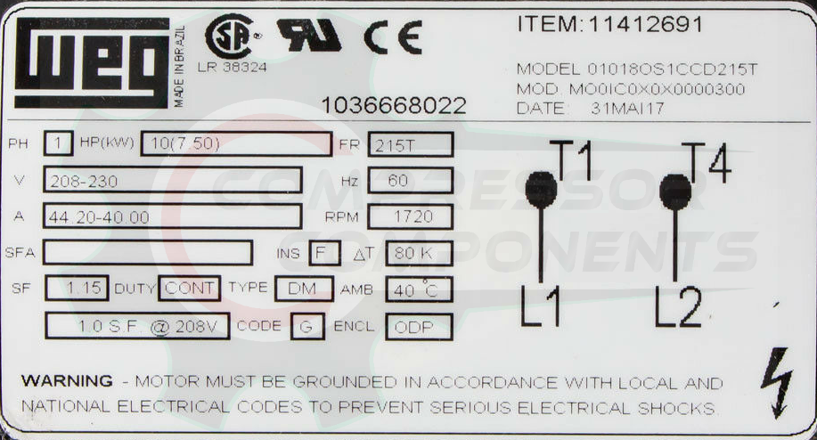 WEG 01018OS1CCD215T / 10 HP 213/5T FRAME 208-230 VOLT NON REVERSIBLE CCW