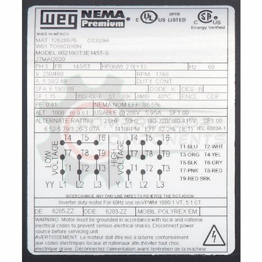 WEG 00218OT3E145T-S / 2 HP 145T FRAME 208-230/460 VOLT REVERSIBLE