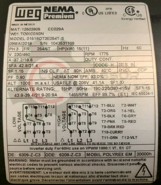 WEG 01518OT3E254T-S / 15 HP 256T FRAME 208-230/460 VOLT REVERSIBLE