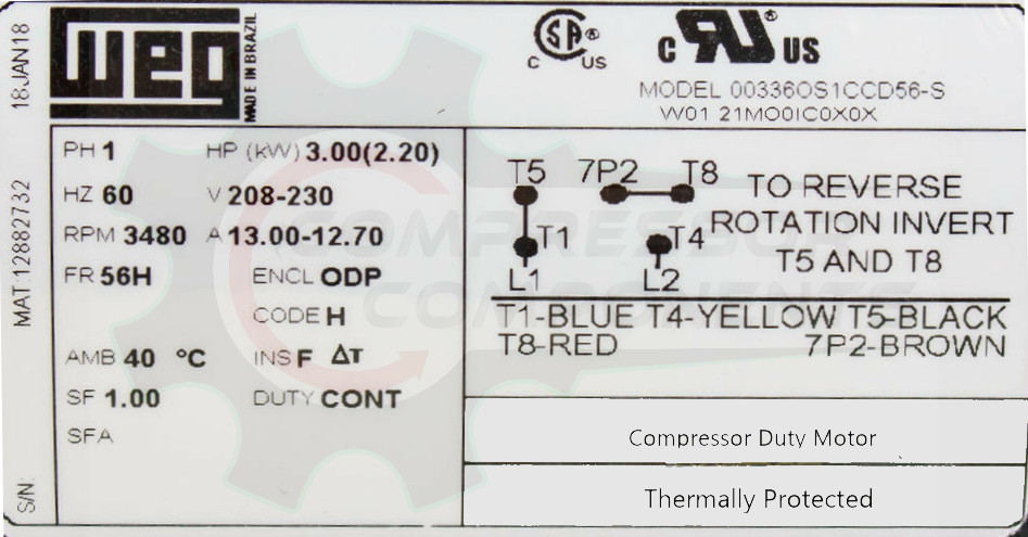 WEG 00336OS1CCD56-S / 3 HP 56H FRAME 115-230 VOLT REVERSIBLE