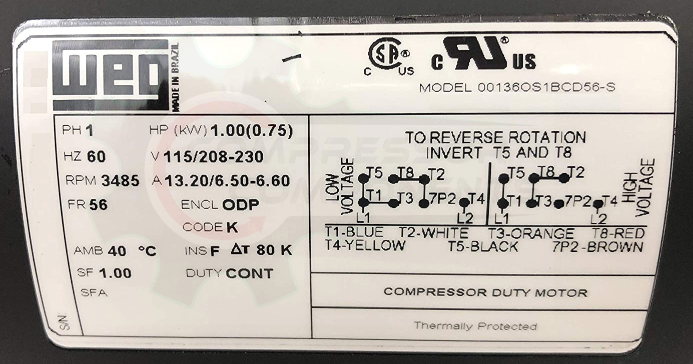 WEG 00136OS1BCD56-S / 1 HP 56 FRAME 115-230 VOLT REVERSIBLE