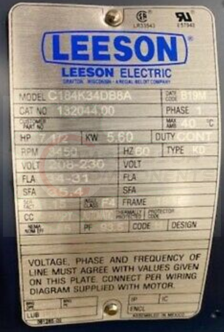LEESON 132044.00 / 7.5 HP 184T FRAME 208-230 VOLT REVERSIBLE