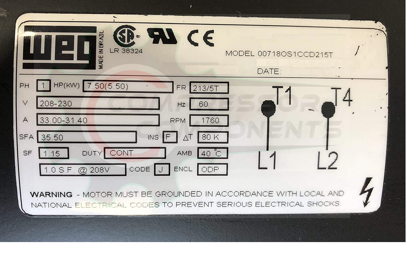 WEG 00718OS1CCD215T / 7.5 HP 213/5T FRAME 208-230 VOLT NON REVERSIBLE CCW