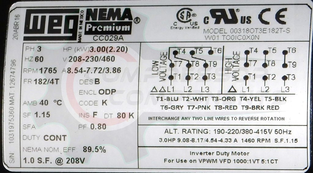 WEG 00318OT3E182T-S / 3 HP 184T FRAME 208-230/460 VOLT REVERSIBLE