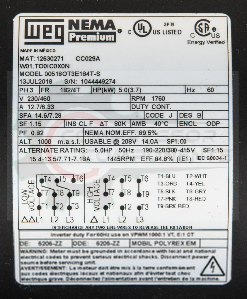 WEG 00518OT3E184T-S / 5 HP 184T FRAME 208-230/460 VOLT REVERSIBLE
