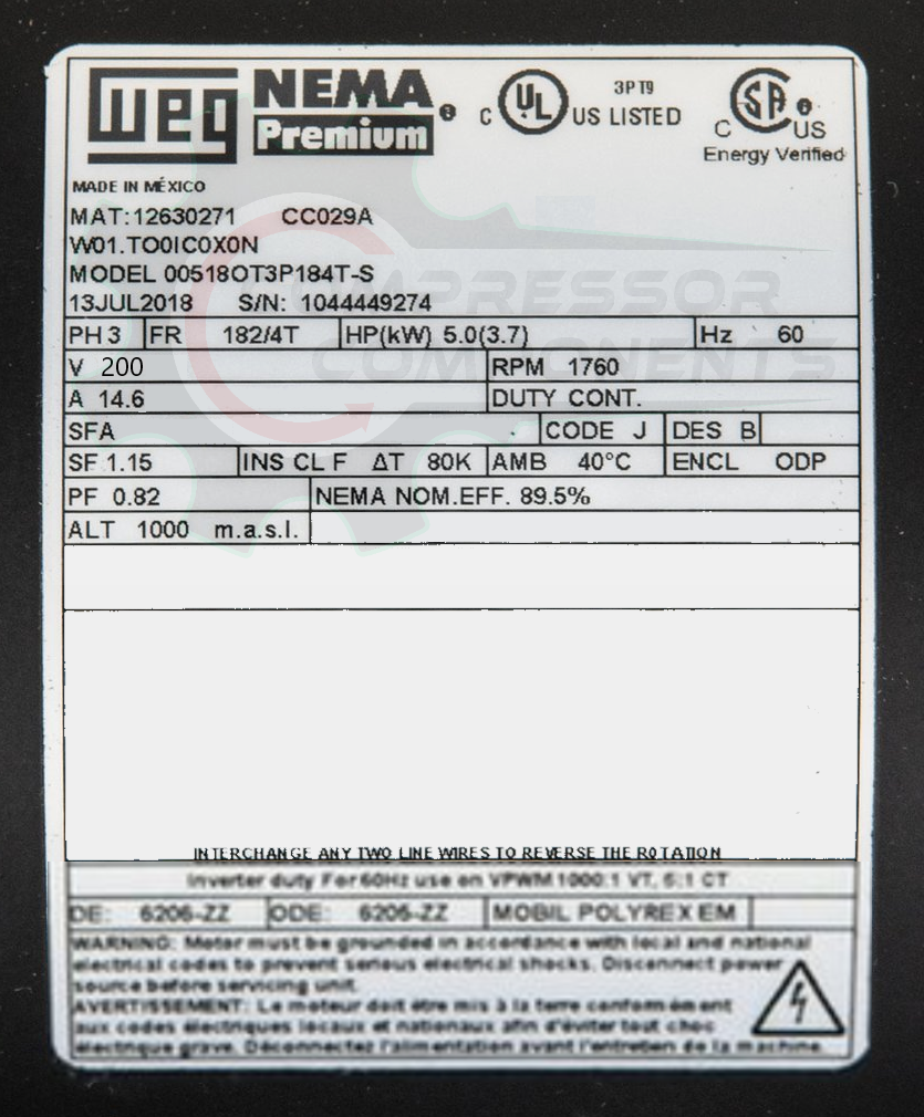 WEG 00518OT3P184T-S / 5 HP 184T FRAME 200 VOLT REVERSIBLE
