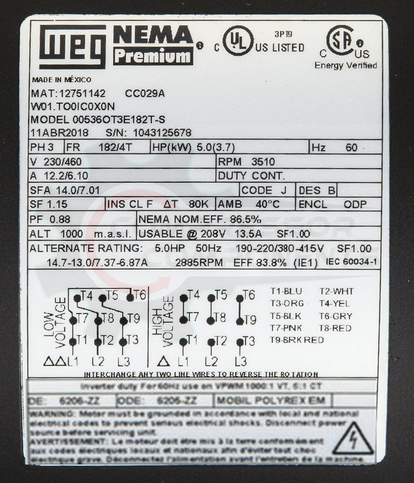 WEG 00536OT3E182T-S / 5 HP 184T FRAME 208-230/460 VOLT REVERSIBLE
