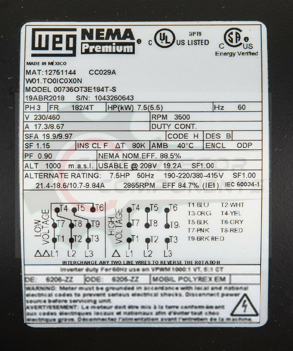 WEG 00736OT3E184T-S / 7.5 HP 184T FRAME 208-230/460 VOLT REVERSIBLE