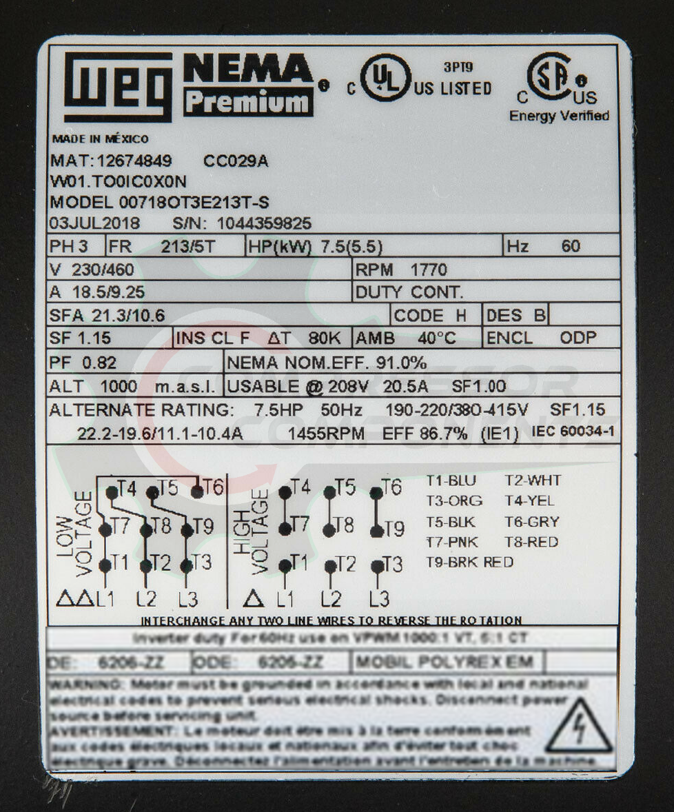 WEG 00718OT3E213T-S / 7.5 HP 215T FRAME 208-230/460 VOLT REVERSIBLE