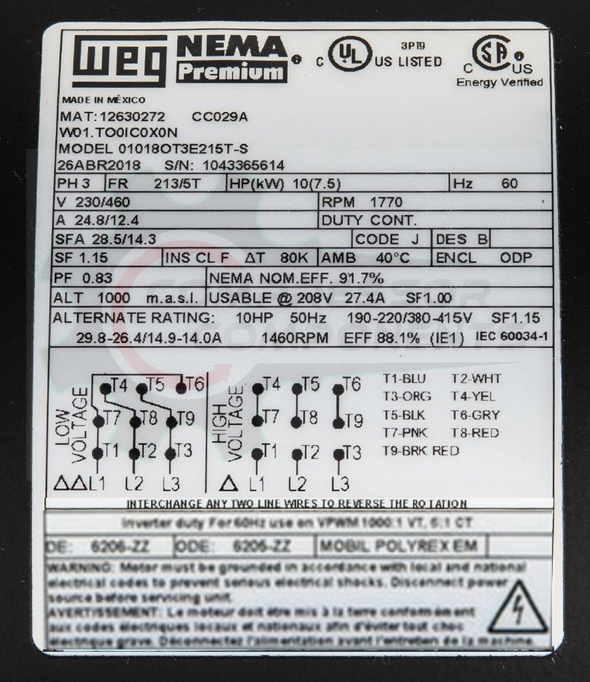 WEG 01018OT3E215T-S / 10 HP 215T FRAME 208-230/460 VOLT REVERSIBLE