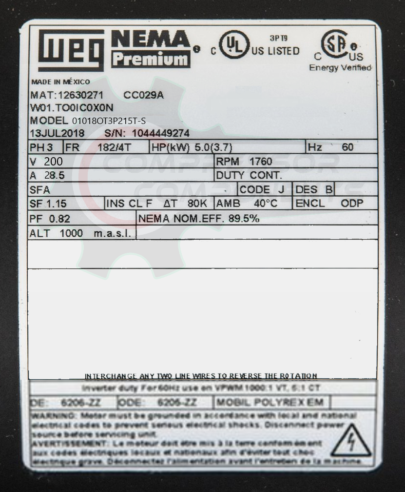 WEG 01018OT3P215T-S / 10 HP 215T FRAME 200 VOLT REVERSIBLE