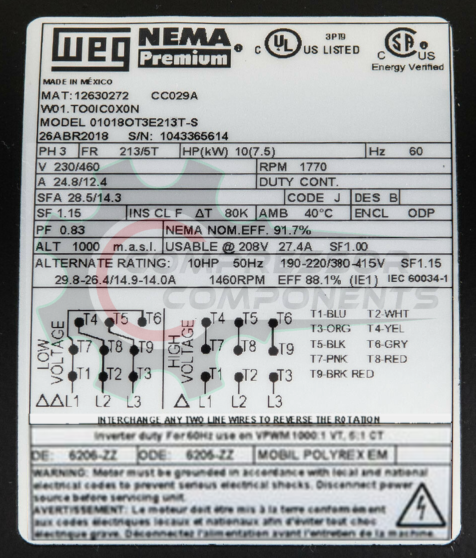 WEG 01036OT3E213T-S / 10 HP 215T FRAME 208-230/460 VOLT REVERSIBLE