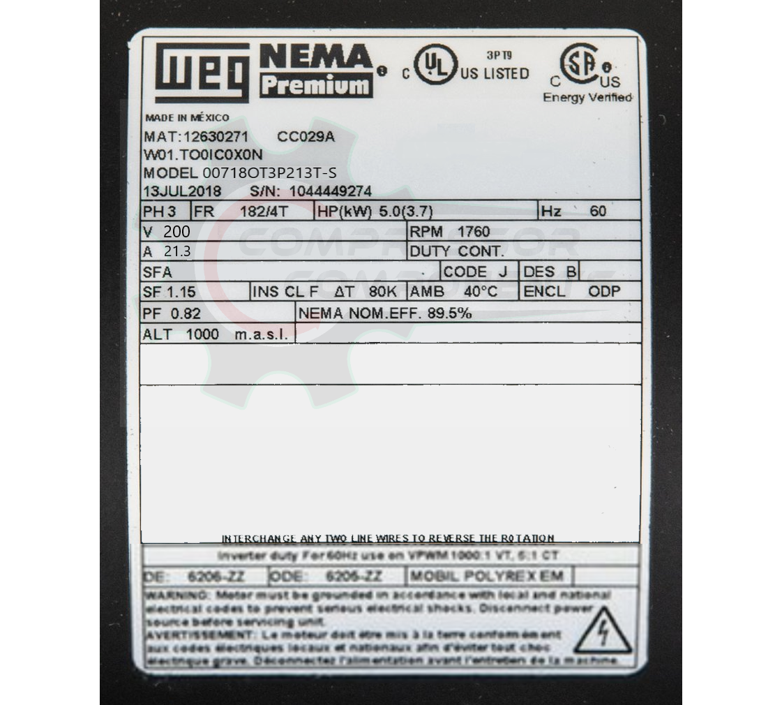WEG 00718OT3P213T-S / 7.5 HP 215T FRAME 200 VOLT REVERSIBLE