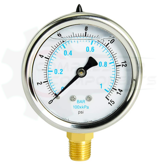 PIC 0-15 PSI BOTTOM MOUNT LIQUID FILLED PRESSURE GAUGE 1.5" DIAL 1/8" MNPT