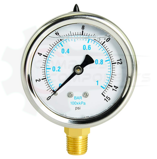 PIC 0-15 PSI BOTTOM MOUNT LIQUID FILLED PRESSURE GAUGE 2" DIAL 1/4" MNPT