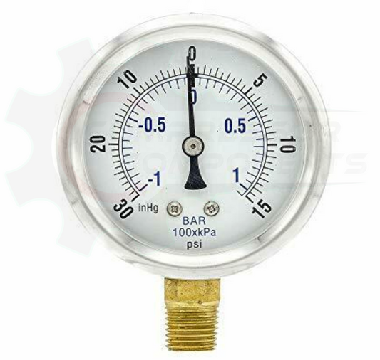 PIC -30/0/+15 BOTTOM MOUNT DRY PRESSURE / VACUUM GAUGE COMBO 3.5" DIAL 1/4" MNPT