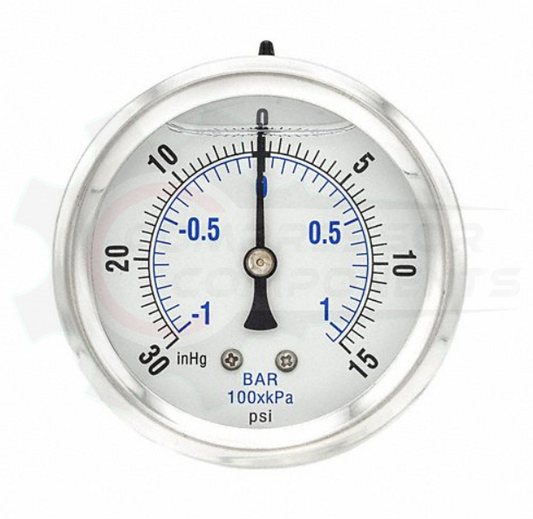 PIC -30/0/+15 BACK MOUNT LIQUID FILLED PRESSURE / VACUUM GAUGE COMBO 4" DIAL 1/4" MNPT