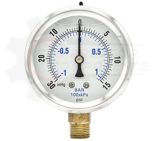 PIC -30/0/+15 BOTTOM MOUNT LIQUID FILLED PRESSURE / VACUUM GAUGE COMBO 2.5" DIAL 1/4" MNPT