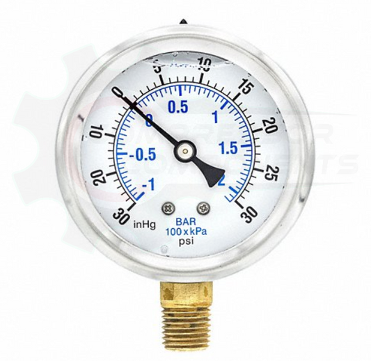 PIC -30/0/+30 BOTTOM MOUNT LIQUID FILLED PRESSURE / VACUUM GAUGE COMBO 4" DIAL 1/4" MNPT