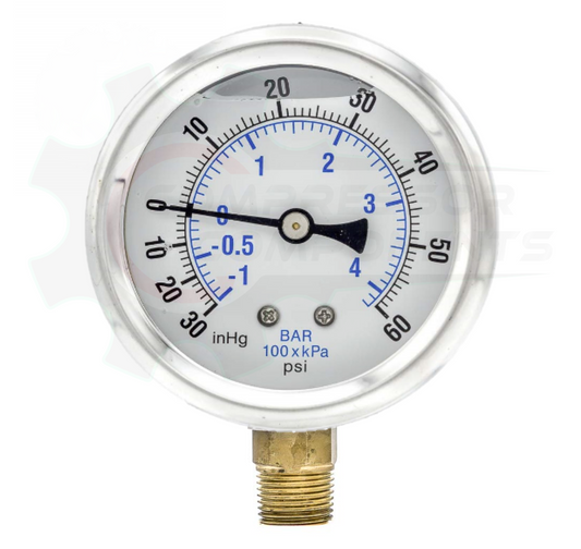 PIC -30/0/+60 BOTTOM MOUNT LIQUID FILLED PRESSURE / VACUUM GAUGE COMBO 4" DIAL 1/4" MNPT