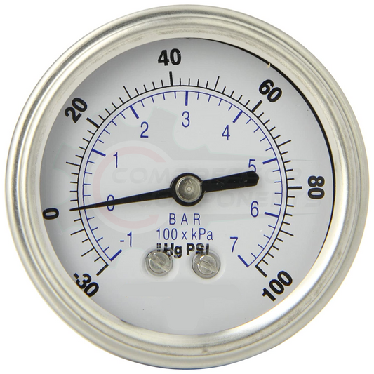 PIC -30/0/+100 CENTER BACK MOUNT DRY PRESSURE / VACUUM GAUGE COMBO 2" DIAL 1/4" MNPT