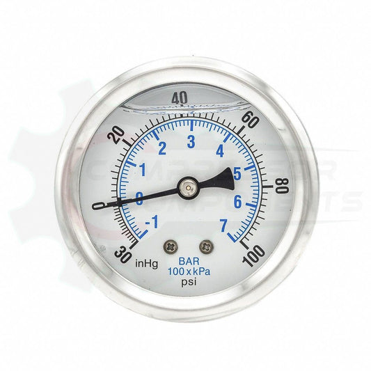 PIC -30/0/+100 BACK MOUNT LIQUID FILLED PRESSURE / VACUUM GAUGE COMBO 4" DIAL 1/4" MNPT