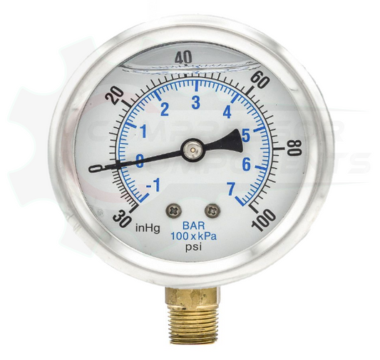 PIC -30/0/+100 BOTTOM MOUNT LIQUID FILLED PRESSURE / VACUUM GAUGE COMBO 2.5" DIAL 1/4" MNPT