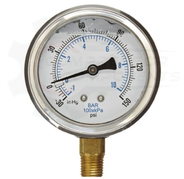 PIC -30/0/+150 BOTTOM MOUNT LIQUID FILLED PRESSURE / VACUUM GAUGE COMBO 4" DIAL 1/4" MNPT