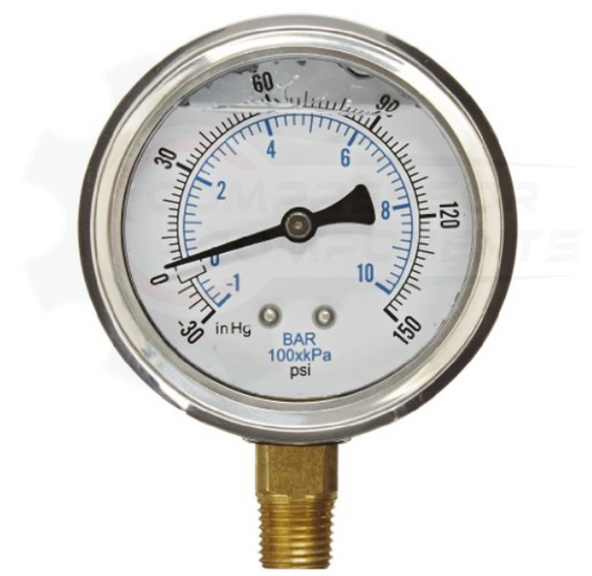 PIC -30/0/+150 BOTTOM MOUNT LIQUID FILLED PRESSURE / VACUUM GAUGE COMBO 4" DIAL 1/4" MNPT