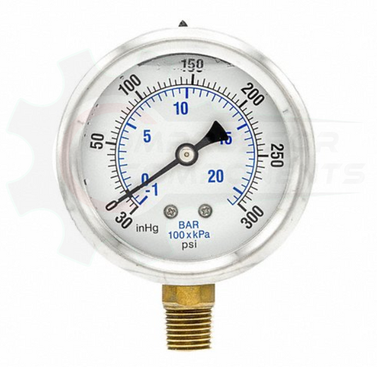 PIC -30/0/+300 BOTTOM MOUNT LIQUID FILLED PRESSURE / VACUUM GAUGE COMBO 4" DIAL 1/4" MNPT