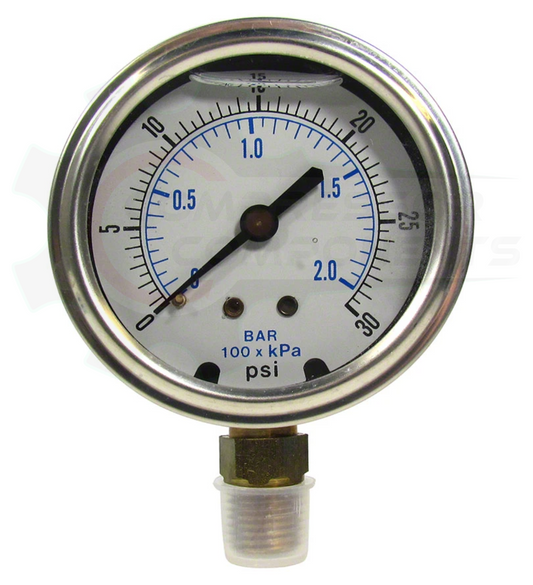 PIC 0-30 PSI BOTTOM MOUNT LIQUID FILLED PRESSURE GAUGE 2.5" DIAL 1/4" MNPT