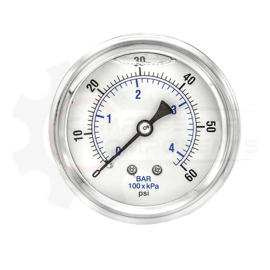 PIC 0-60 PSI BACK MOUNT LIQUID FILLED PRESSURE GAUGE 2" DIAL 1/4" MNPT