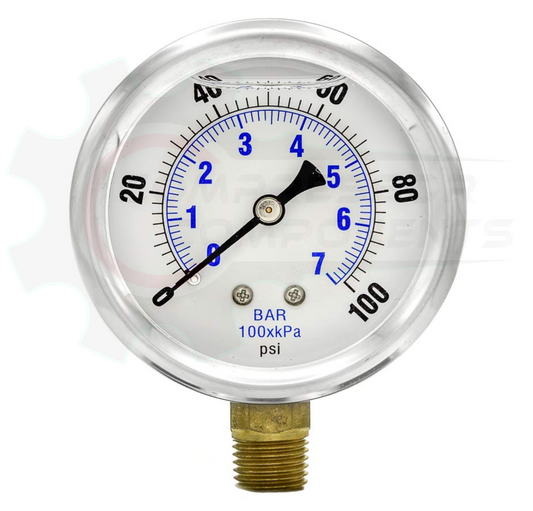 PIC 0-100 PSI BOTTOM MOUNT LIQUID FILLED PRESSURE GAUGE 2.5" DIAL 1/4" MNPT