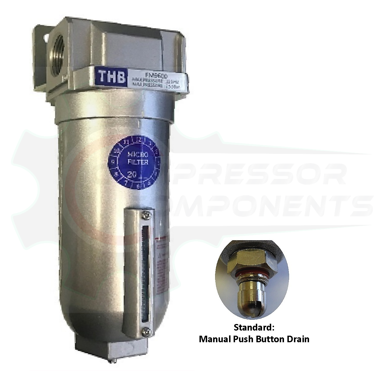 THB FM966 COALESCING FILTER - 3/4" FNPT INDUSTRIAL GRADE HIGH FLOW WITH 0.01 MICRON 160 CFM FILTER WITH MANUAL DRAIN