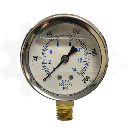 PIC 0-200 PSI BOTTOM MOUNT LIQUID FILLED PRESSURE 4" DIAL 1/4" MNPT