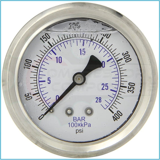 PIC 0-400 PSI BACK MOUNT LIQUID FILLED PRESSURE GAUGE 4" DIAL 1/4" MNPT