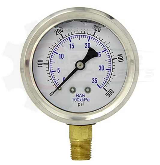 PIC 0-500 PSI BOTTOM MOUNT LIQUID FILLED PRESSURE 4" DIAL 1/4" MNPT