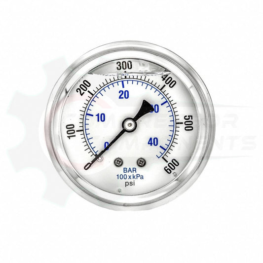 PIC 0-600 PSI BACK MOUNT LIQUID FILLED PRESSURE GAUGE 4" DIAL 1/4" MNPT