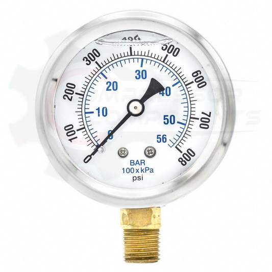 PIC 0-800 PSI BOTTOM MOUNT LIQUID FILLED PRESSURE GAUGE 2.5" DIAL 1/4" MNPT