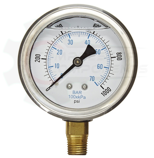 PIC 0-1000 PSI BOTTOM MOUNT LIQUID FILLED PRESSURE GAUGE 2" DIAL 1/4" MNPT