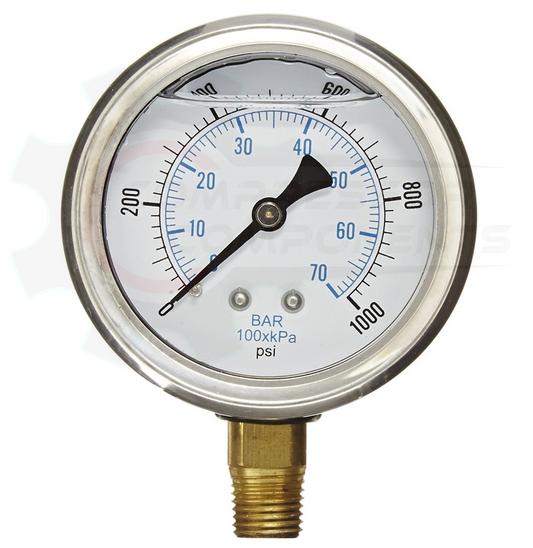 PIC 0-1000 PSI BOTTOM MOUNT LIQUID FILLED PRESSURE 4" DIAL 1/4" MNPT