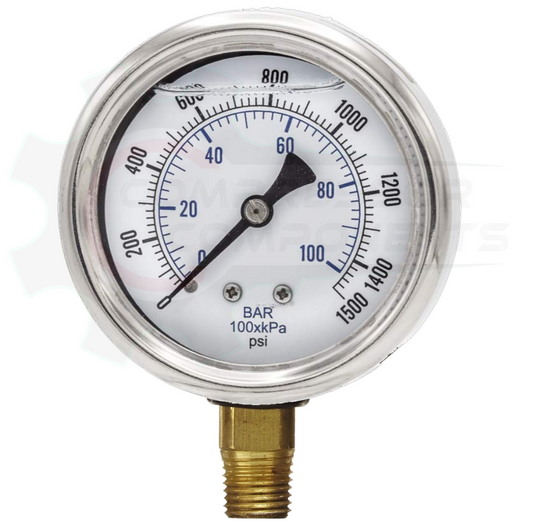 PIC 0-1500 PSI BOTTOM MOUNT LIQUID FILLED PRESSURE 4" DIAL 1/4" MNPT